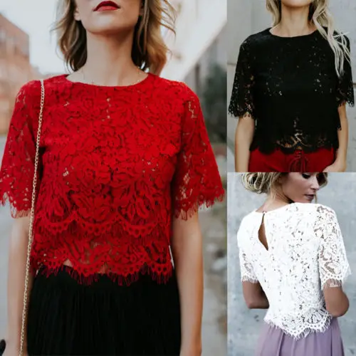 

Fashion Womens Lace Floral Crochet Crop Tops Vest Ladies Summer Short Sleeve Cotton Blouses Casual Loose Party Tops Shirt