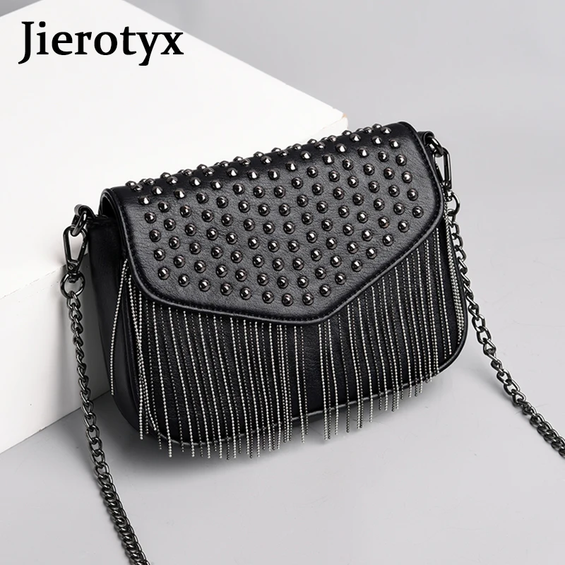 Женская сумка Кроссбоди JIEROTYX Черная Кожаная мини на плечо с бахромой и цепочкой