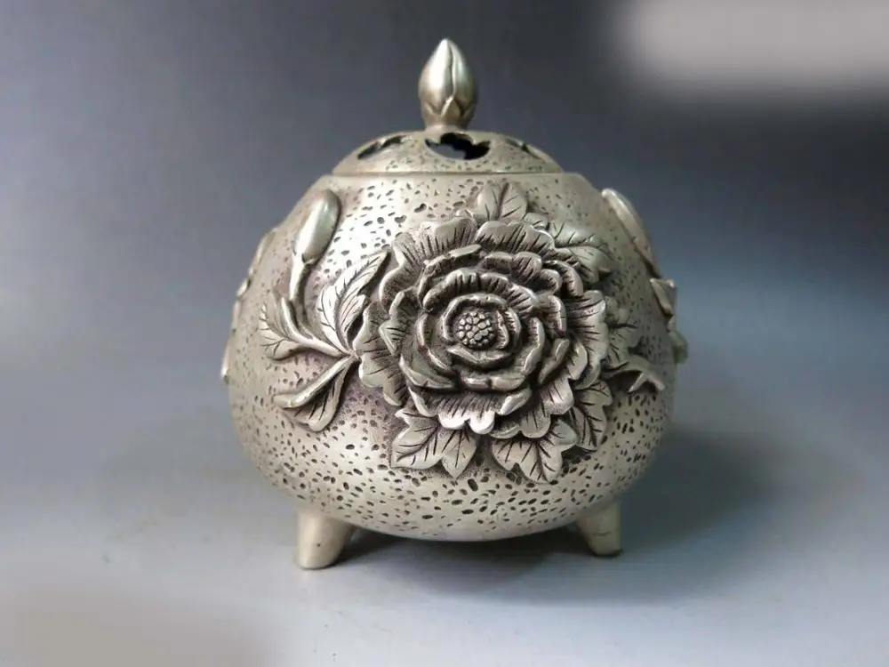 

DS China silver carved fine three Peony flower Incense burner censer Statue