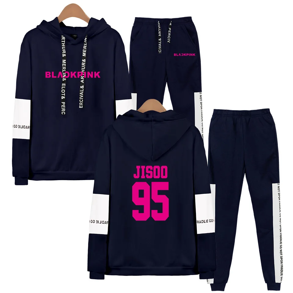 Kpop Blackpink вентиляторы толстовки комплект из двух предметов для женщин и мужчин, черный розовый с именами членов группы печати флисовый пуловер толстовка+ костюм со спортивными брюками - Цвет: Navy 95 JISOO