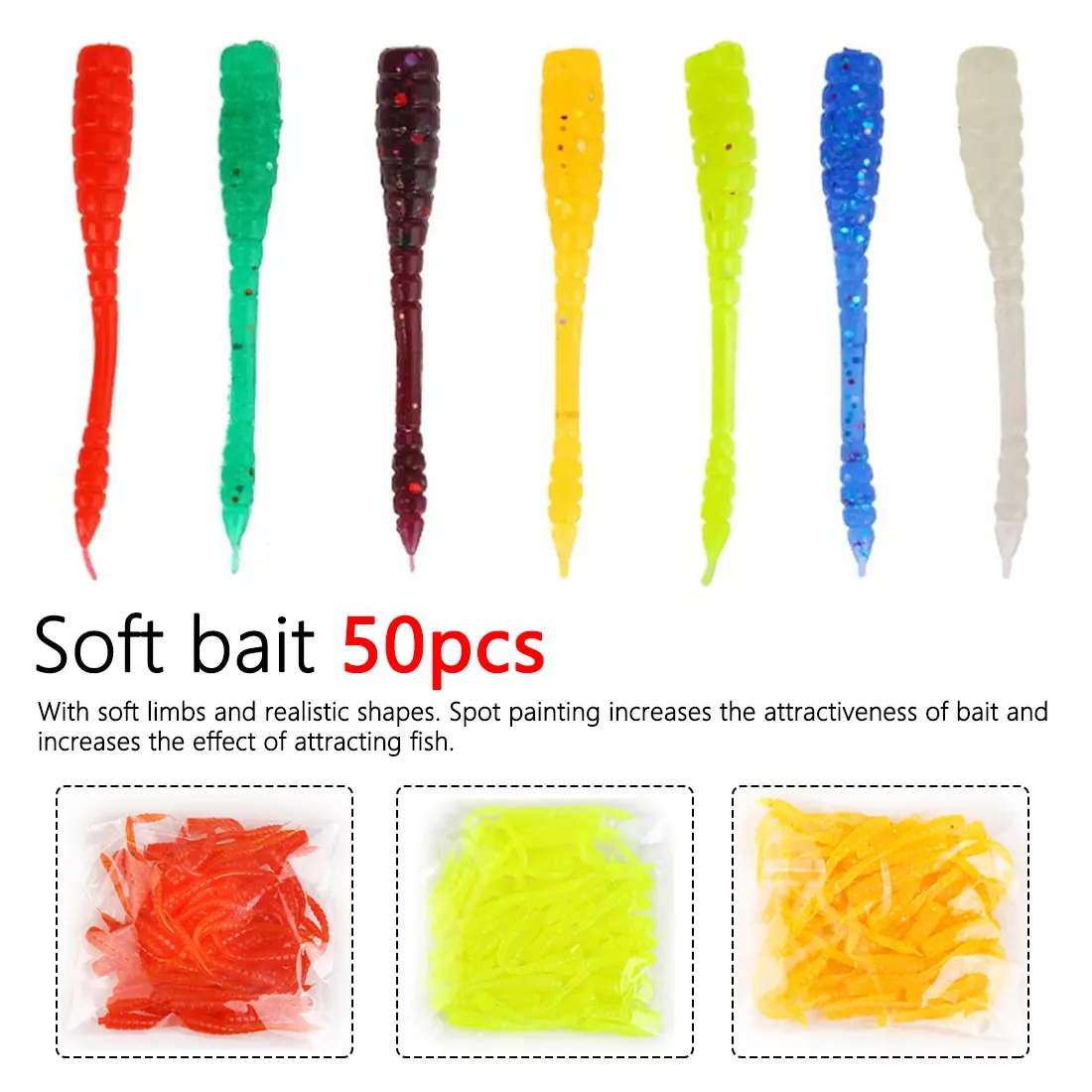 50Pcs Smell Artificial silicone bait  4.5cm soft bait Red Worm soft Fishing Lure with salt smell 7 colors Fishy fishing tackle