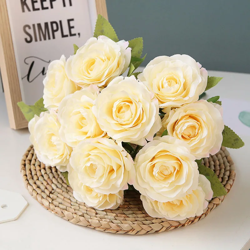 Flone Artificial Silk Rose Flower Bouquet Fake Flowers 12 Head Small Fresh Wedding Rose Decoration Home Decoration Accessories (9)