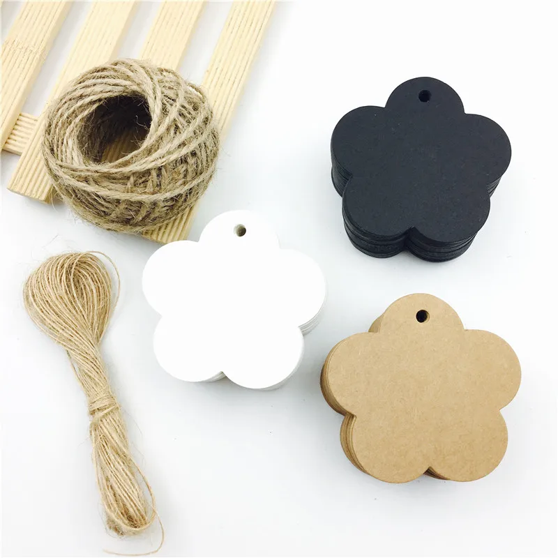 

100pcs/lot White Black Brown Kraft Paper Tags DIY Food Label Flower Shaped Wedding Gift Decorating Tag Strings 6*6cm