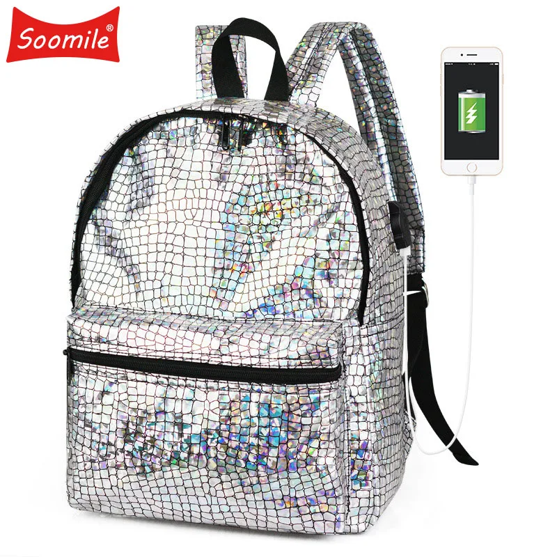 

Backpack Women Silver Hologram Laser Backpack School Bag For Girl pu Leather Holographic Backpack Fashion Multicolor Sac A Dos