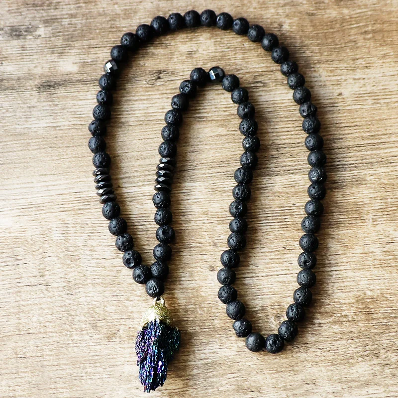 

Nature Black Lava Stone Mala Beads With Nature Colorful Stone Charm Harajuku Men Women Necklaces Pendants