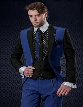 

2017 Fashion Design Splicing Blue & Black Men Suit Wedding Tuxedos Slim Fit Men Suits For Prom/Party Wear(Jacket+Pants+Vest+Tie)