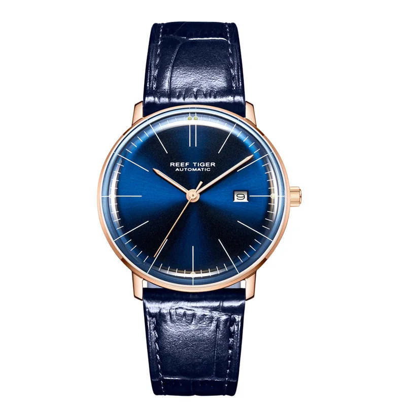 Reef Tiger/RT люксовый бренд ультра тонкие часы для мужчин кожаный ремешок сталь Автоматические часы водонепроницаемые RGA8215 - Цвет: RGA8215-PLL