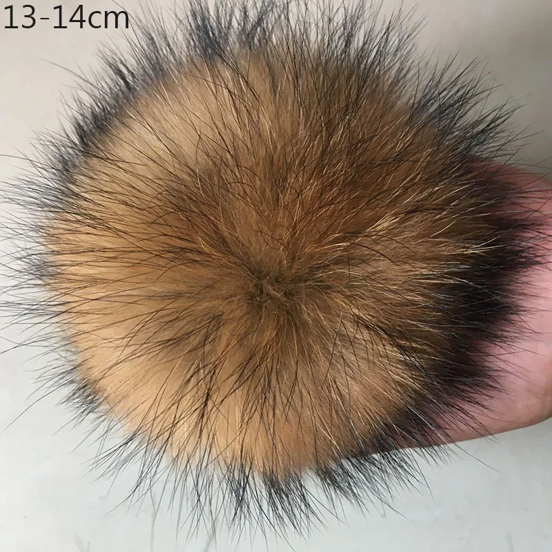 deep raccoon 13cm Пушистые Помпоны из натурального Лисьего меха с кнопкой 13-15 см DIY помпоны из лисьего меха помпоны из натурального меха для шарфов шапки сумки аксессуары - Цвет: deep raccoon 13cm