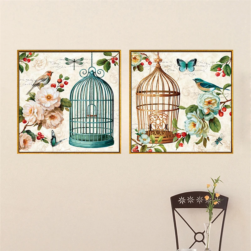 Haochu Vintage Flower Bird American Rural Oil Painting Canvas Fabric Wall Poster For Living Room