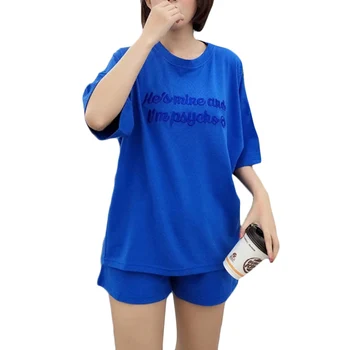 

2019 Summer New Women Casual Suit Korean Embroidery letters Sets Women's loose Short-sleeved Shorts Two-piece Sets 45-75KG F350