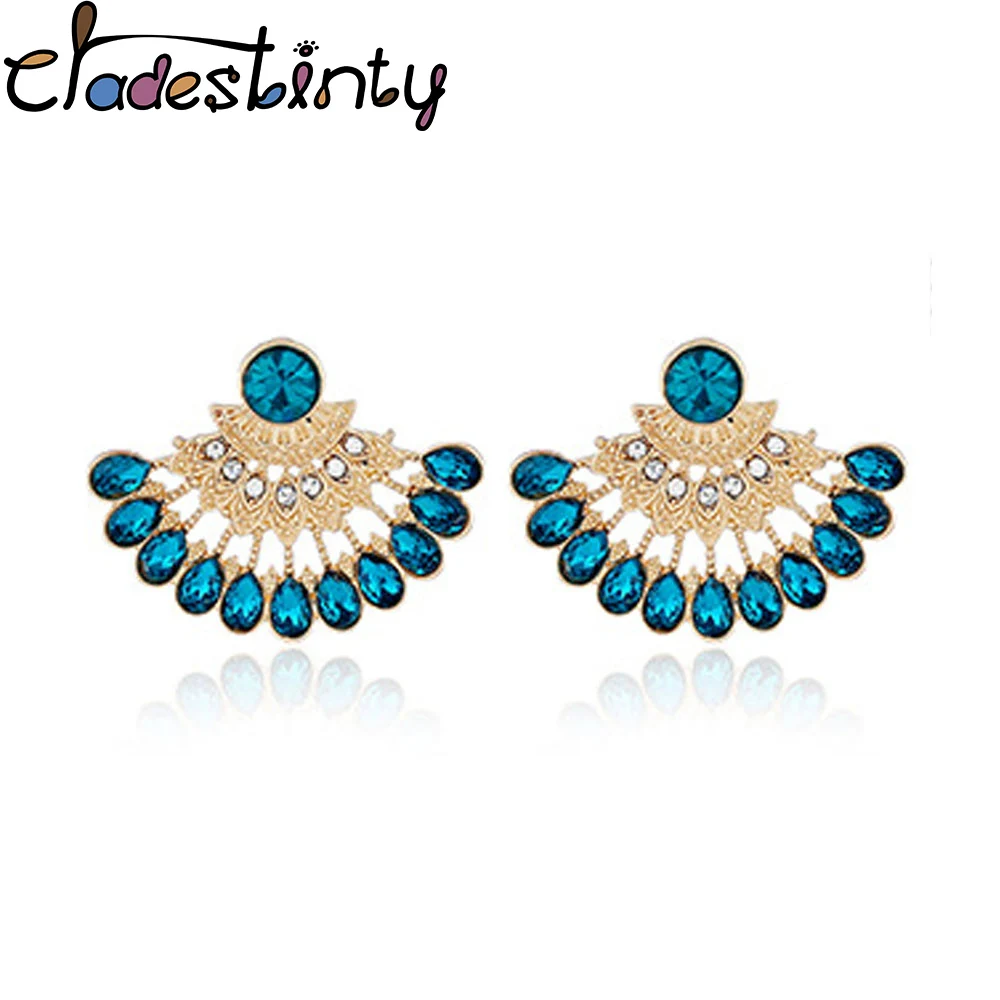 

Chadestinty Brand Gold Color Blue Crystal Geometric Fan Shaped Stud Earrings Women Party Jewelry Accessory pendientes mujer moda