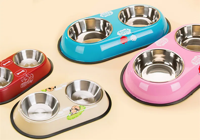 

Four Colors Pet Cat Puppy Dog Bowel Food Dish Water Feeder Stainless Steel Double Bowels High Grade Anti-skid Pet Bowel