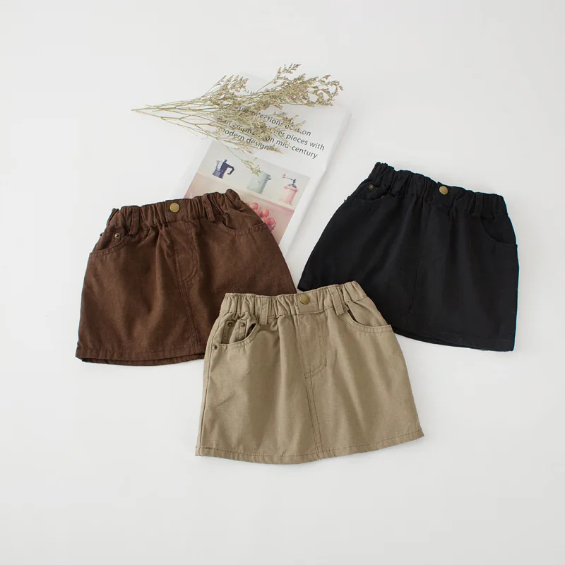 

Girls autumn casual cotton linen skirts kids all match solid all match skirt baby khaki coffee black fashion clothes children