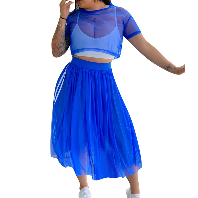 

Adogirl Side Stripe Sheer Mesh Two Piece Set Dress Short Sleeve T Shirt Crop Top Pleated Midi Skirt Night Club Party Dresses