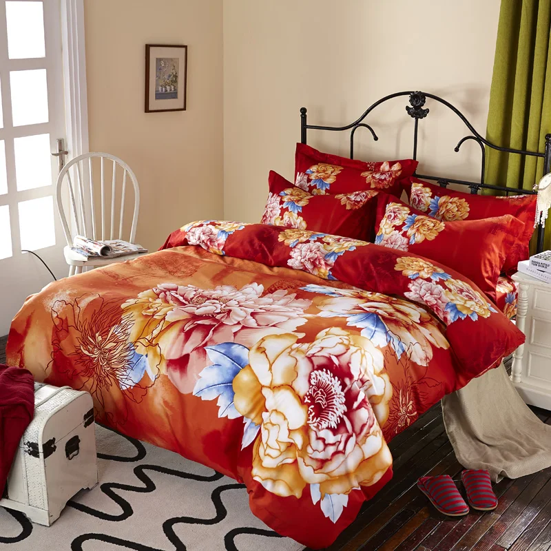 3d watercolor red orange floral print peony bedding sets queen red orange sheets