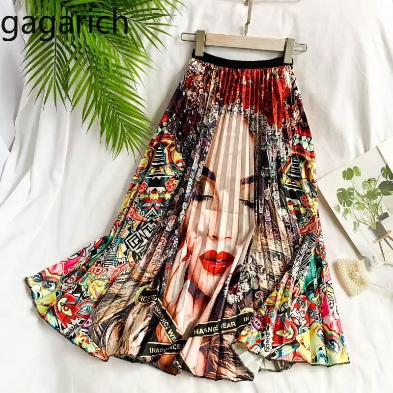 

Gagarich Skirts Women 2019 European Cartoon Portrait Pattern Elastic Waist Pleated Print Skirt Ins Fashion Medium Long Skirt