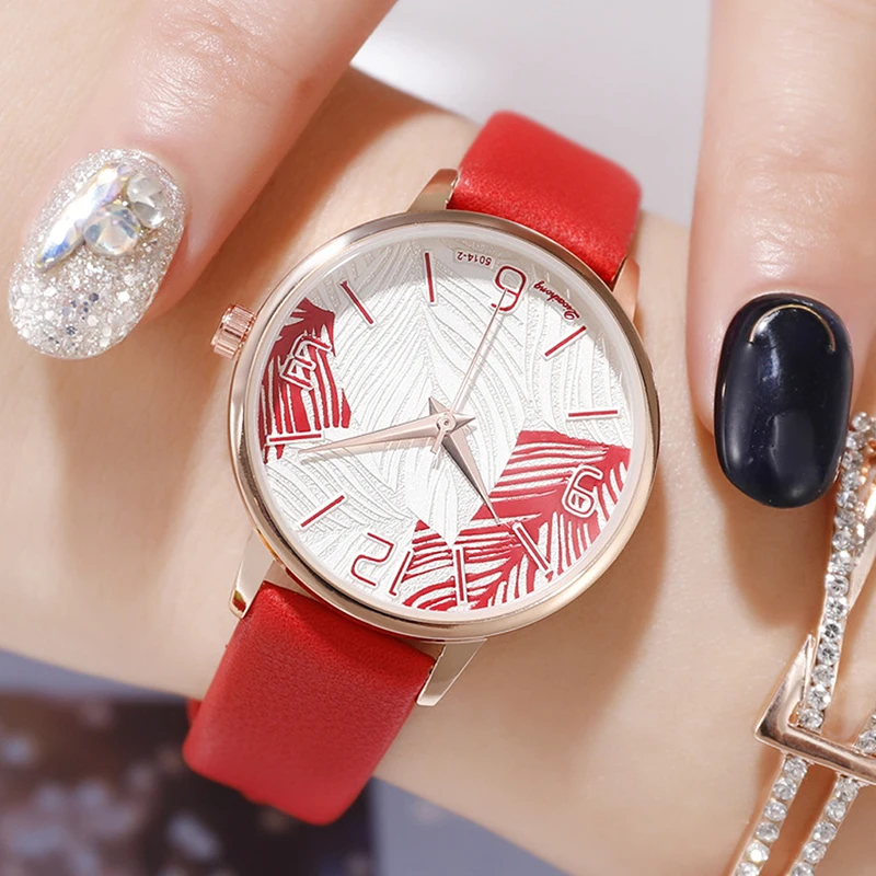 

Fashion New Women Watch Elegant Leaves Dial Slim Leather Strap Ultra Thin Case Quartz Wrist watches Simple Design Zegarek Damski