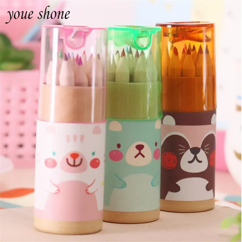 

2019 Multicolor Pencil Cute Bear MINI Student Stationery Drawing Graffiti Pens For Art Supplies Packed 12PCS=1 Boxs YOUE SHONE