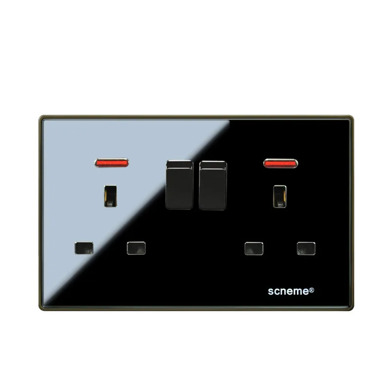 

UK Standard 13A Black Color Glossy Crystal Acrylic Wall Plate Double Universal Switched Plug Socket with Neon