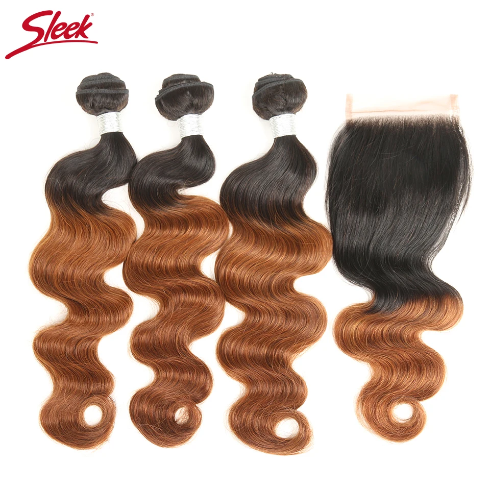 Sleek Ombre Peruvian Human Hair Weave 3 Bundles With Closure Body Wave 1B/30 4x4 Free Part Lace Closure Remy Hair Free Ship