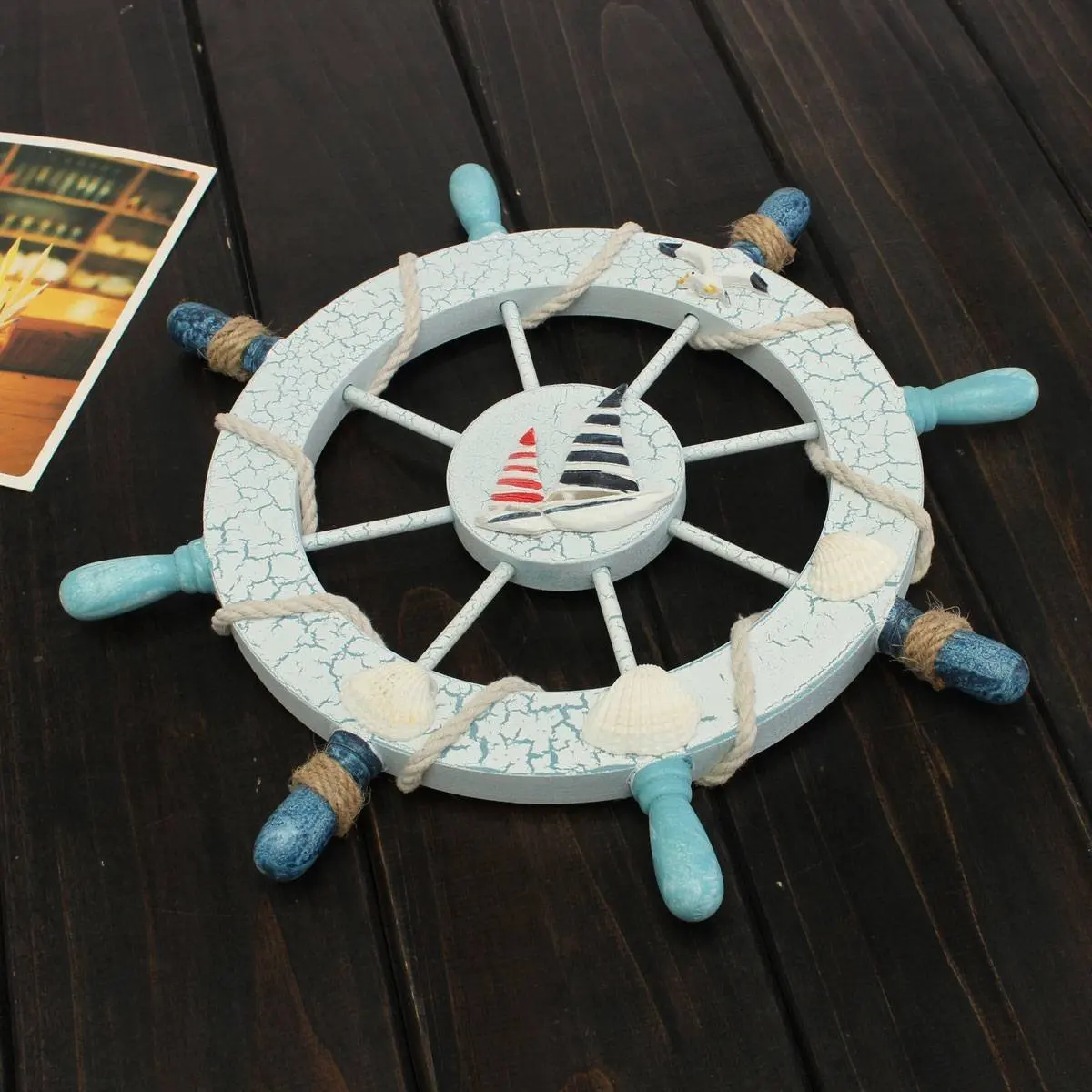 Nautical Beach Wooden Boat Ship Steering Wheel Fishing Net Shell Nautical Beach Wooden Boat Ship Steering Wheel Fishing Net Shell Home Wall Decor Sailing Description This