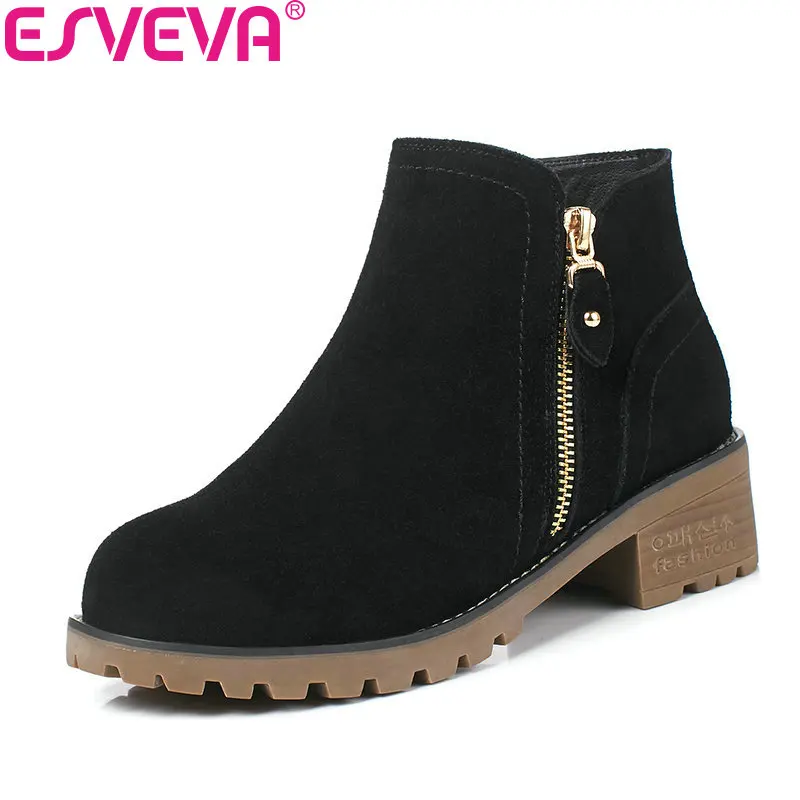 

ESVEVA 2018 Women Boots Solid Square Med Heel PU/ Warm Fur Cow Suede Round Toe Ankle Boots Handmade Boots for Women Size 34-40