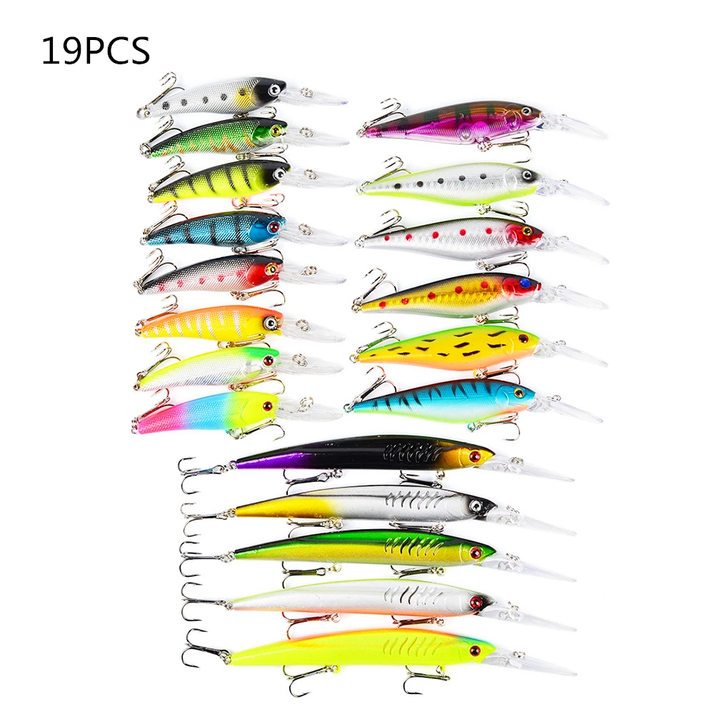 

19pcs 3 Mixed Models Fishing Lures Set 19 Colors Minnow Fishing Kit Hard Baits Bass Crankbait with Sharp Hooks