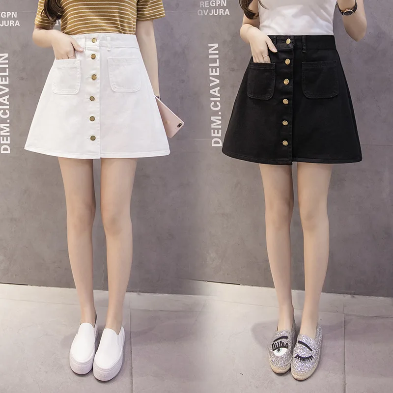 

2018 New summer Womens ladies A-line Pencil Jeans Skirt Front Button High Waist Denim small pockets Skirt black white