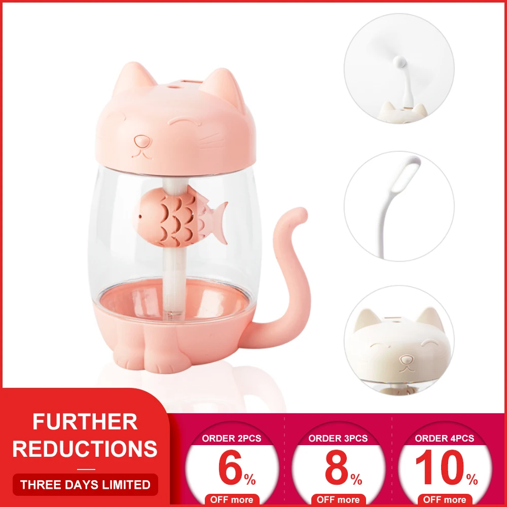 

3 in 1 350ML USB Cat Air Humidifier Ultrasonic Cool-Mist Adorable Mini Humidifier With LED Light Mini USB Fan for Home office