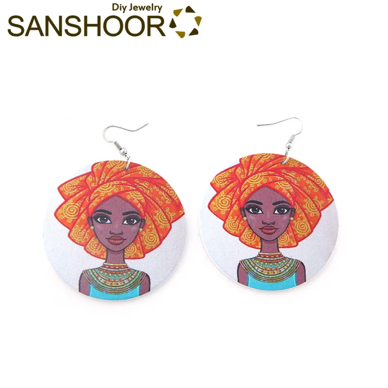 

SANSHOOR New Arrival Style Afro Wooden Earrings Orange Headwrap Girl Printed Round Wood Dangler Design for Black Woman 1 Pair