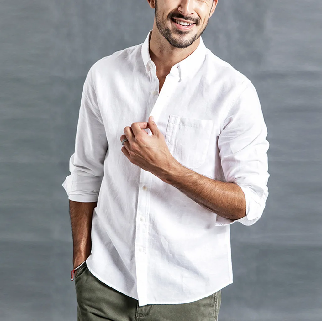 

Feitong 2019 Cotton Linen Shirt Mens Summer Button Casual Linen Cotton Long Sleeve Top Blouses Men Shirt