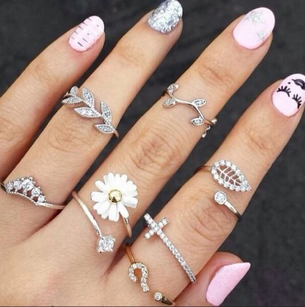 

2015 New Cute Sweet Style Crystal Rhinestone 3pcs\set Leaf Crown Cross Midi Knuckle Finger Joint Rings women