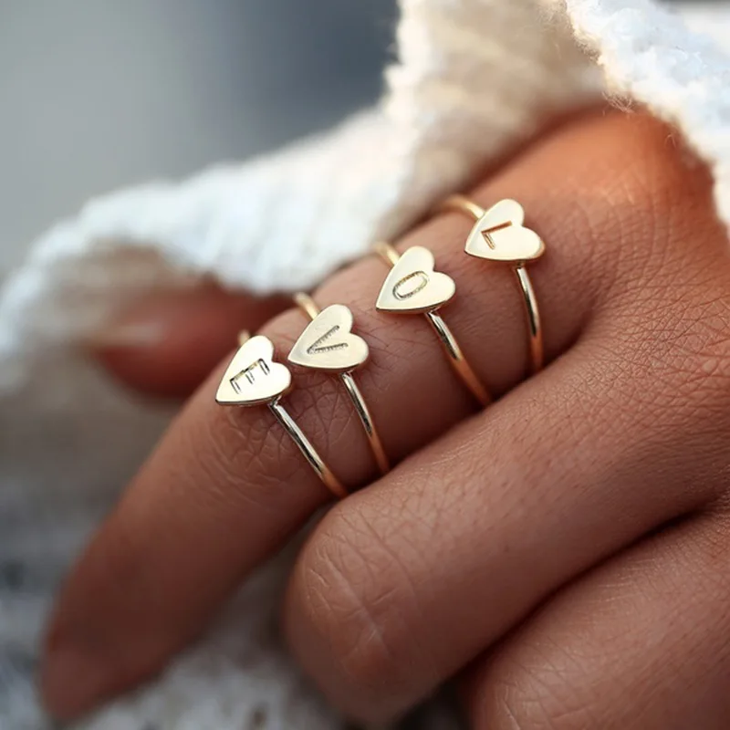 

2019 New arrival Simple Personality 26-letter Ring Occidental Peach Heart Opening Ring gold silver rose golden ring