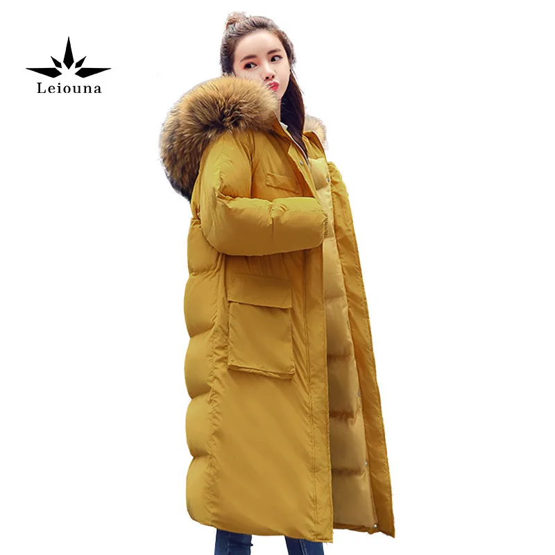 

Leiouna Large Fur Collar Cotton Coat Winter Long Jacket Women Snow Warm Wadded Yellow Parka Thickening Outerwear Harajuku
