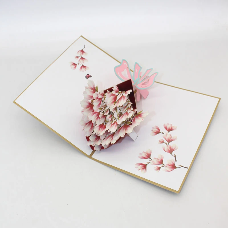 3D Laser Cut Handmade Carving Teachers' Day White Pink Magnolia Bouquet Paper Invitation Greeting C - 33013926435