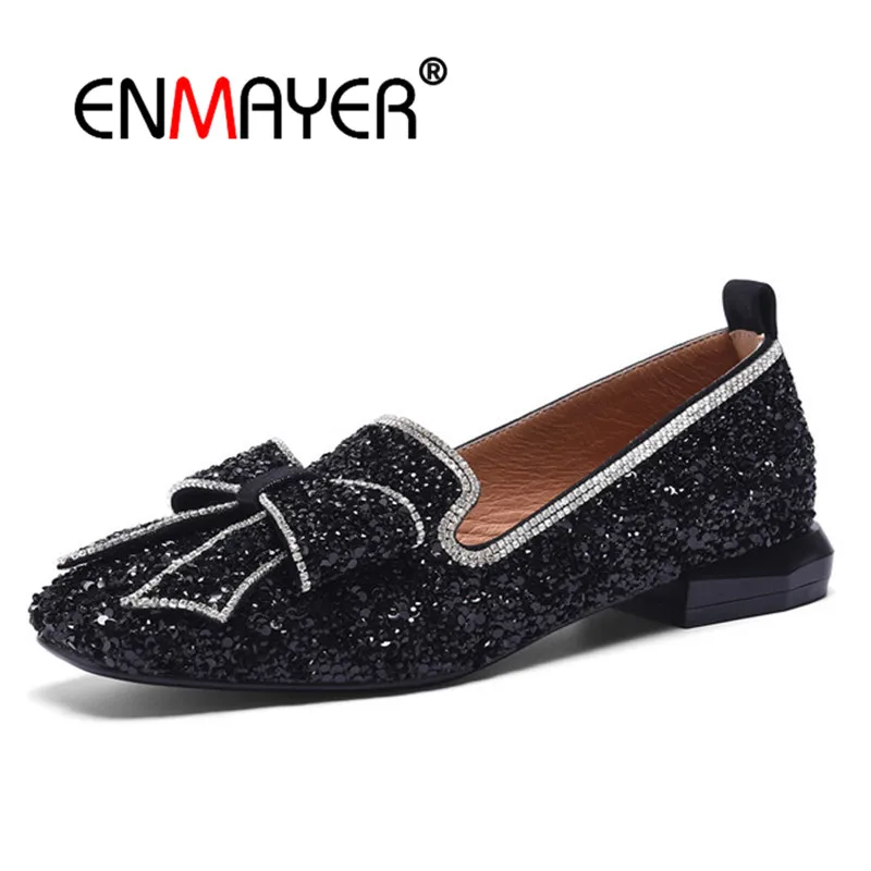 

ENMAYER Women Flats Shoes women Bowtie Glitter Square toe 2018 Spring Rhinestone Sequin Cloth Shallow Mouth Silver Black CR621