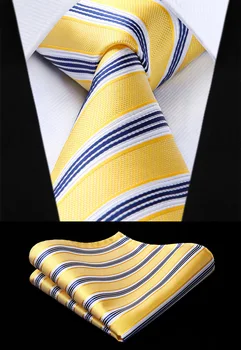 

Woven Men Yellow Blue Tie Striped Necktie Handkerchief Set#TS727Y8S Party Wedding Classic Fashion Pocket Square Tie