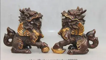 

China Classical Bronze Gild FengShui Brave troops Kilin Dragon Kylin animal Pair