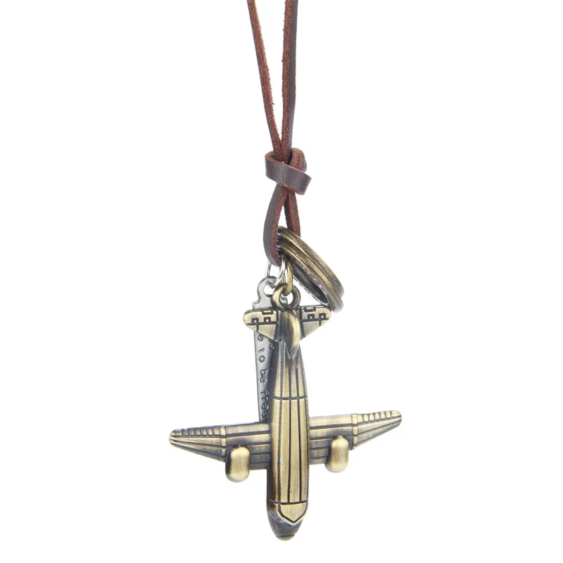 NIUYITID Antique Bronze Aircraft Plane Necklace & Pendants Men Women Handmade Genuine Leather Neclace Personalized Collar (1)
