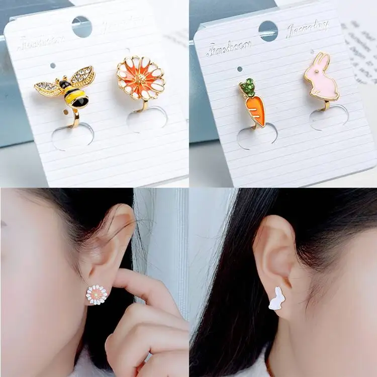 A Set of 2 Pairs Korea Style Animal Insect No Hole Earring Simple Charms Clip on Earrings for Children Students Jewelry Gifts 