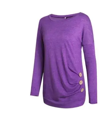 Purple Женские осенние драпированные Футболки с длинным рукавом и принтом на пуговицах camiseta feminina уличная зимняя одежда большого размера эластичный хлопковый топ - Цвет: Purple