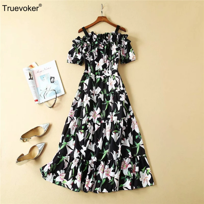 

Truevoker Designer New Dresses Women's High Quality Off The Shoulder Lily Floral Printed Midi Calf Resort Holiday Vestidoes
