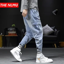 Джинсовые штаны-шаровары, уличная одежда, синие джинсы, Мужские штаны,, мульти-карман, хип-хоп комбинезоны, брюки-карго, мужские Модные уличные штаны, WG327