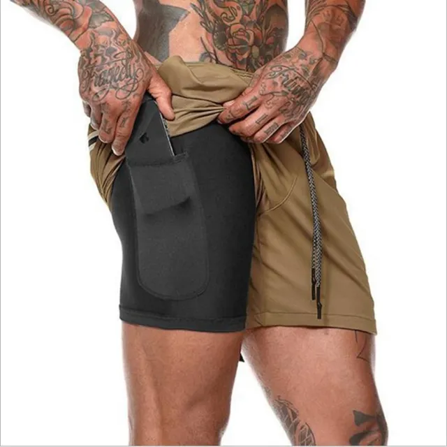 Joggers Shorts Men 2 in 1 sport shorts Gyms Fitness Bodybuilding Workout Quick Dry Beach Shorts Male Summer Running shorts men Brown
