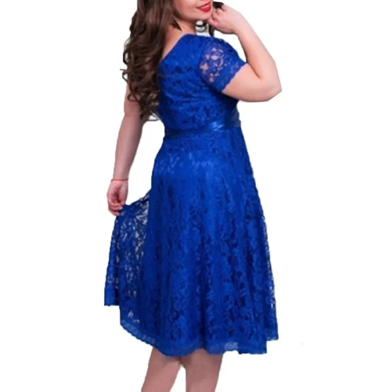 Элегантное стильное летнее женское платье с коротким рукавом, 3 цвета, с круглым вырезом, кружевное платье с поясом, длина до середины икры, платья размера плюс