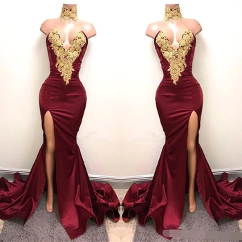 

New Sexy Burgundy Prom Dresses with Gold Lace Appliqued Mermaid Front Split for 2019 Long robe de soiree Evening Wear Gown