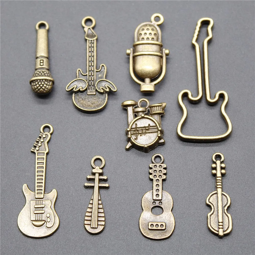 

10pcs Charms Guitar Drum Violin Microphone Vintage Antique Bronze Color Musical Charms Pendant Jewelry Musical Instrument Charms