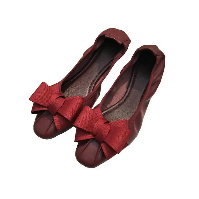 

New Arrival Wine Red Soft Bottom Ballet Flats Female Spring Fashion Casual Flat Heel Women Shoes Sheepskin Bowknots Driving Shoe