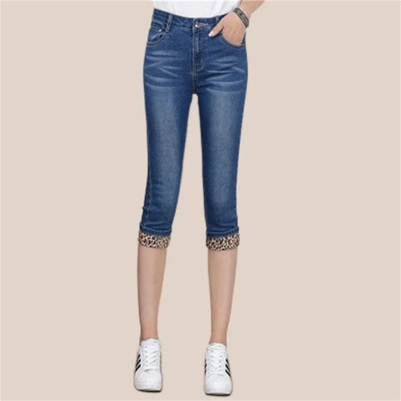 

Europe US New Fashion Lady Casual Cropped Jeans Cute Blue Girls Cotton Denim High Waist Pockets Slim Knee Length Capri Pants