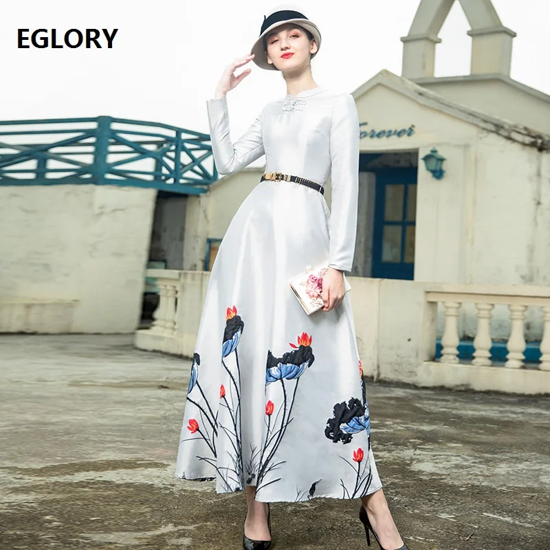 

Top Quality Brand Chinese Dress Plus Size Clothing Women Vintage Lotus Embroidery Long Sleeve Evening Party Gown Dresses XXXL